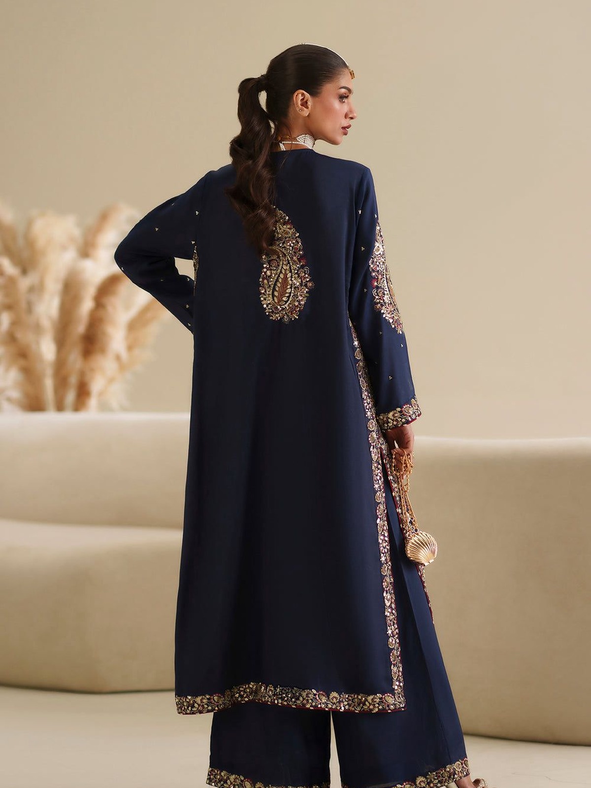 Ethnic Luxury Spangle Work Shamoz Silk Kaftan (3 Pc Hit Code) image 2