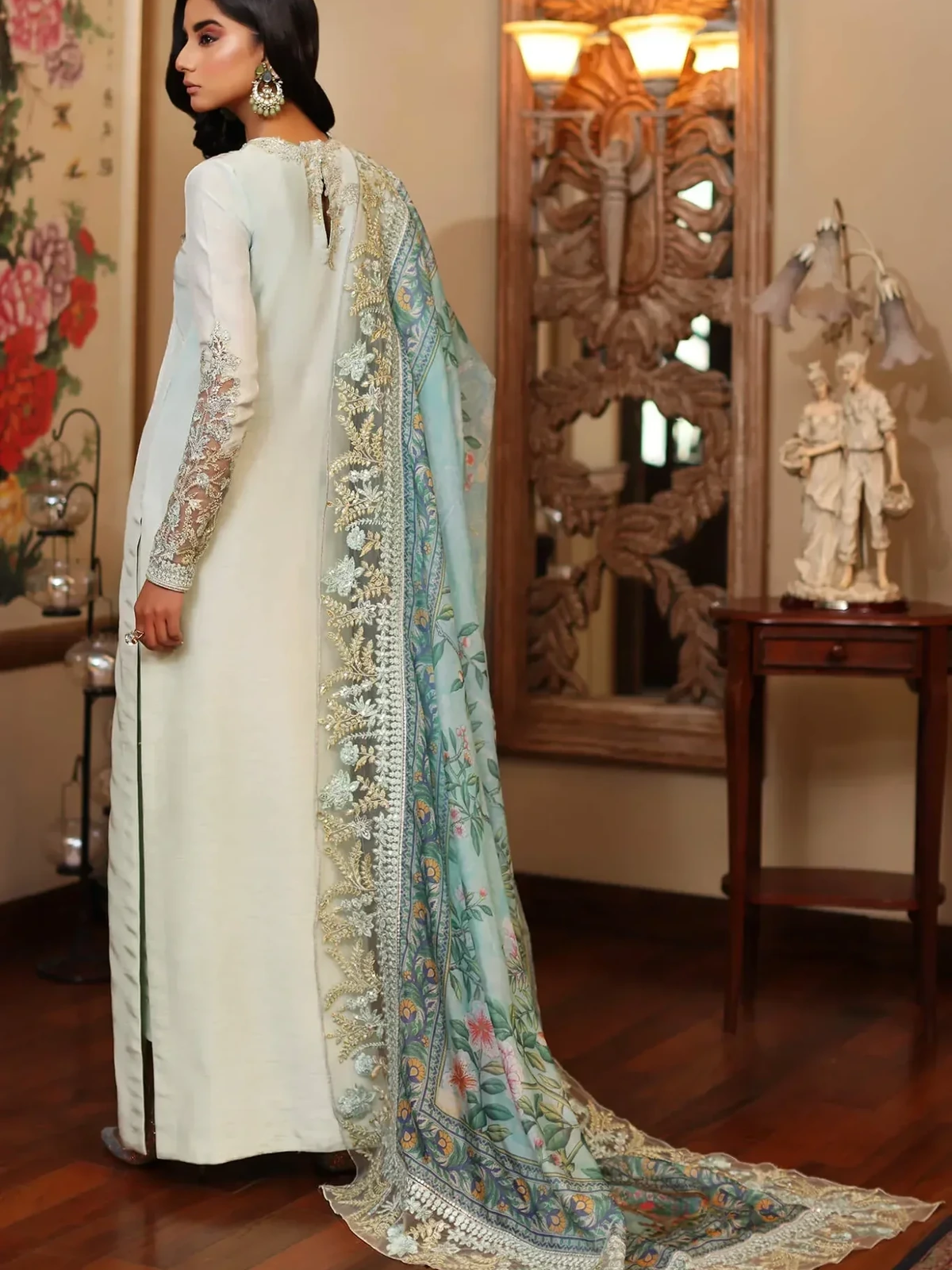Azure Luxury Embroidered Adda Work Shamoz Silk 3 Pc Suit image 5