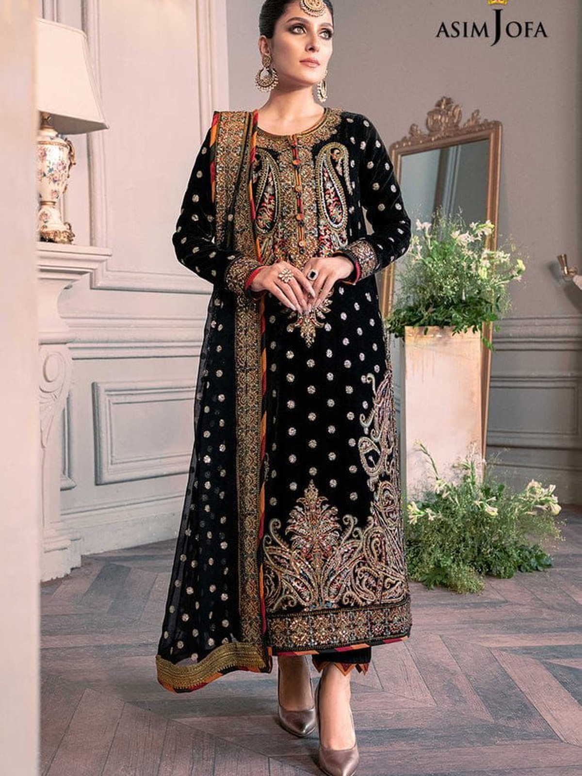 Asim Jofa Luxury Black Velvet Sequence Embroidered image 2