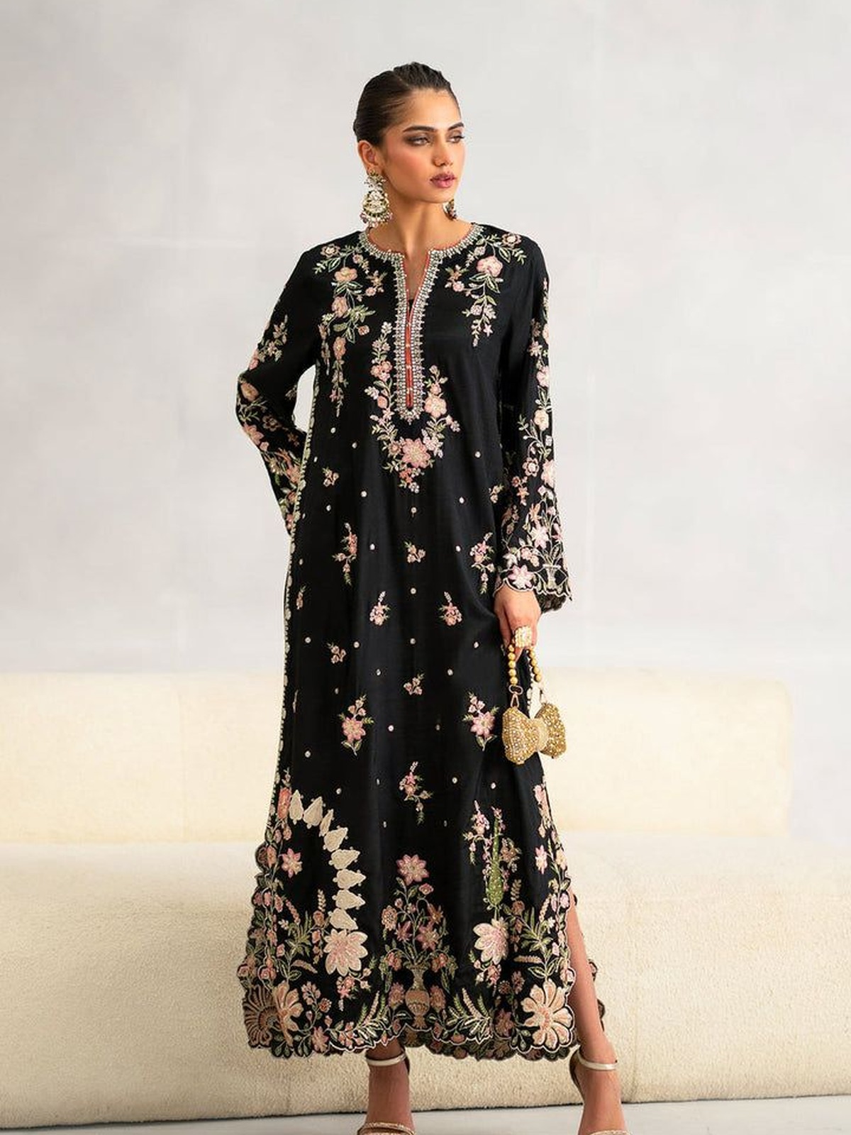 Ethnic Heavy Embroidered Shamoz Silk Kaftan (3 Pc Hit Article)