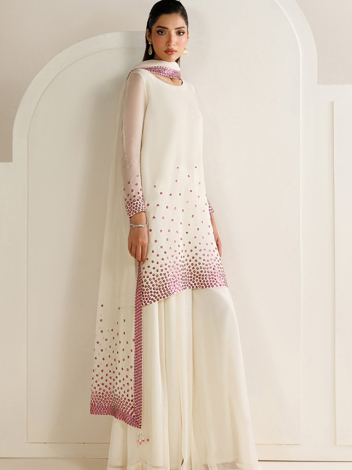 Jazmin Luxury Twill Sequence Embroidered Chiffon 3 Pc Suit (Chunri Trouser) image 4