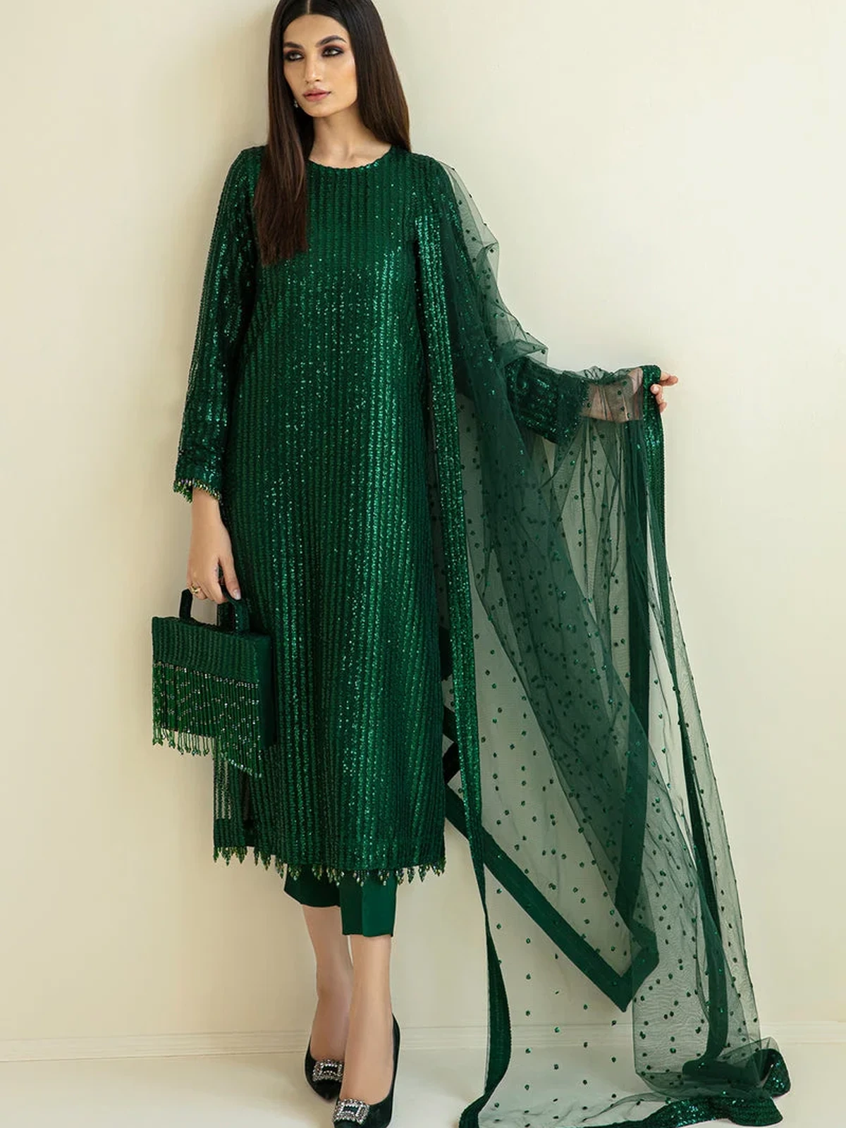 Luxury Heavy Sequins Embroidered Net 3 Pc Party Wear Suit