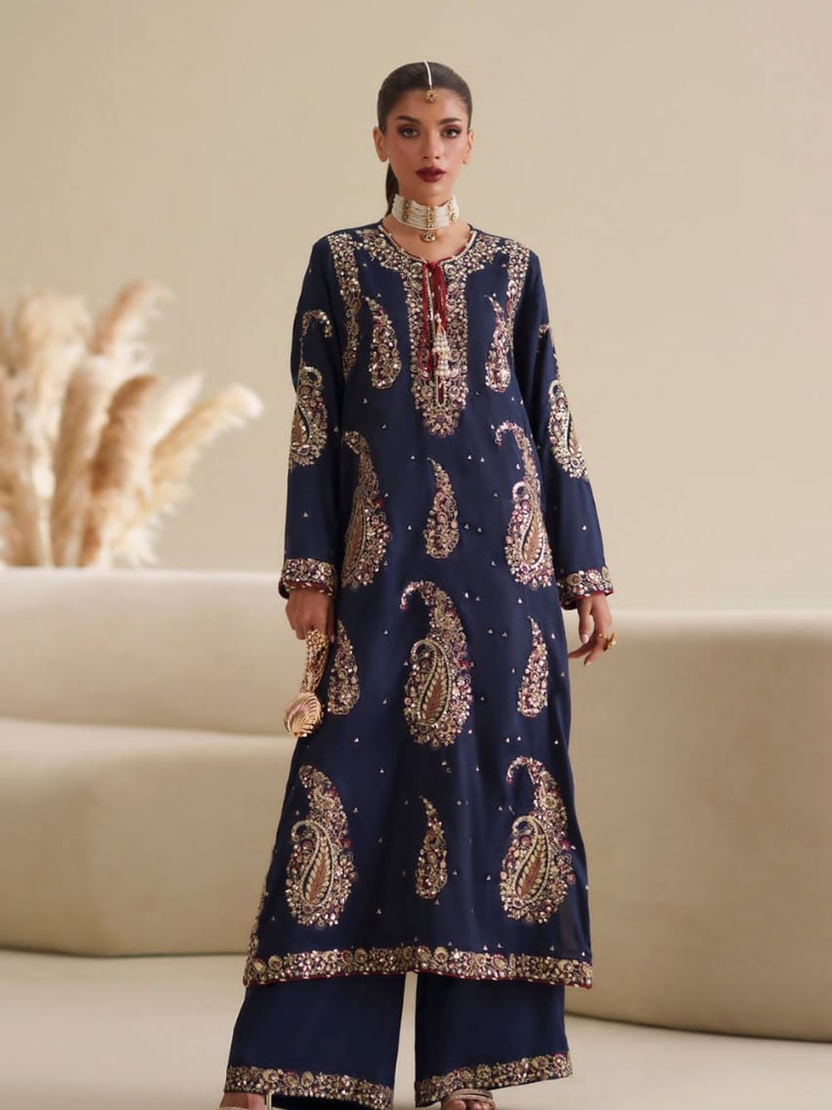 Ethnic Luxury Spangle Work Shamoz Silk Kaftan (3 Pc Hit Code)