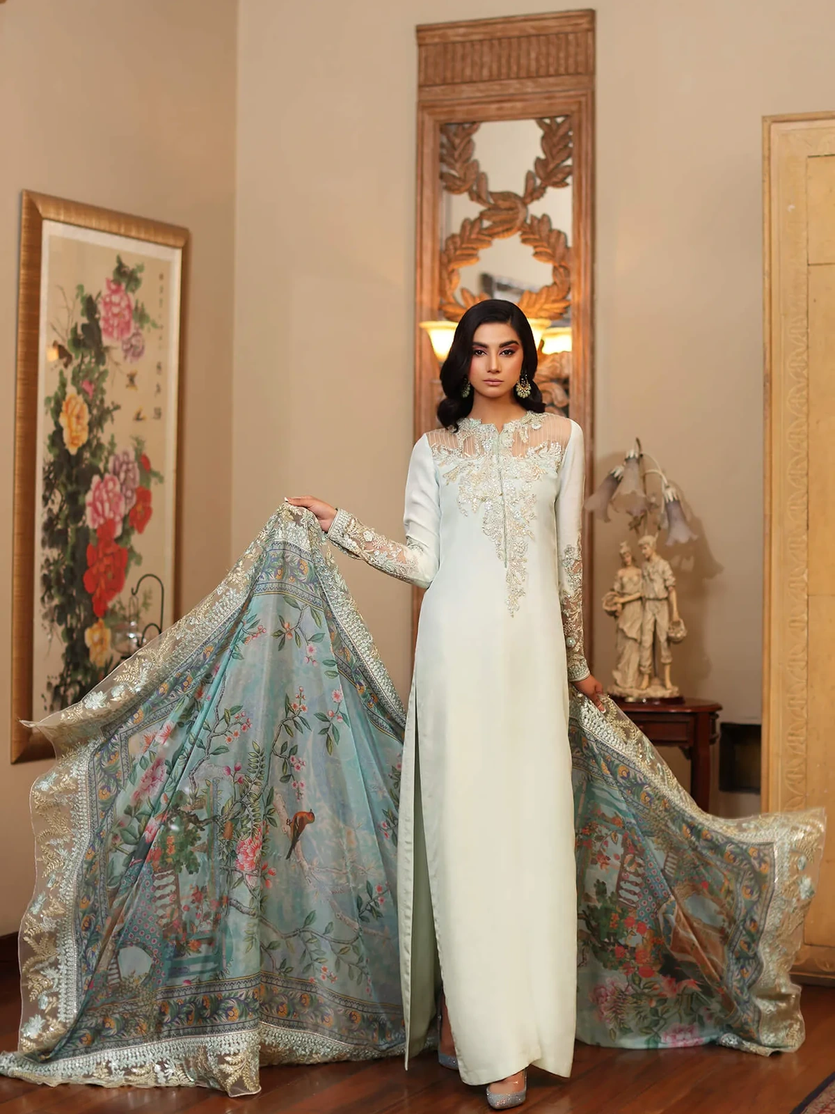 Azure Luxury Embroidered Adda Work Shamoz Silk 3 Pc Suit