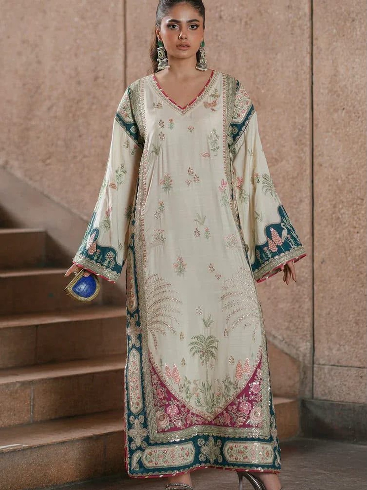 Ethnic Luxury Multi-Appliqué Embroidered Shamoz Silk Kaftan 3 Pc Suit