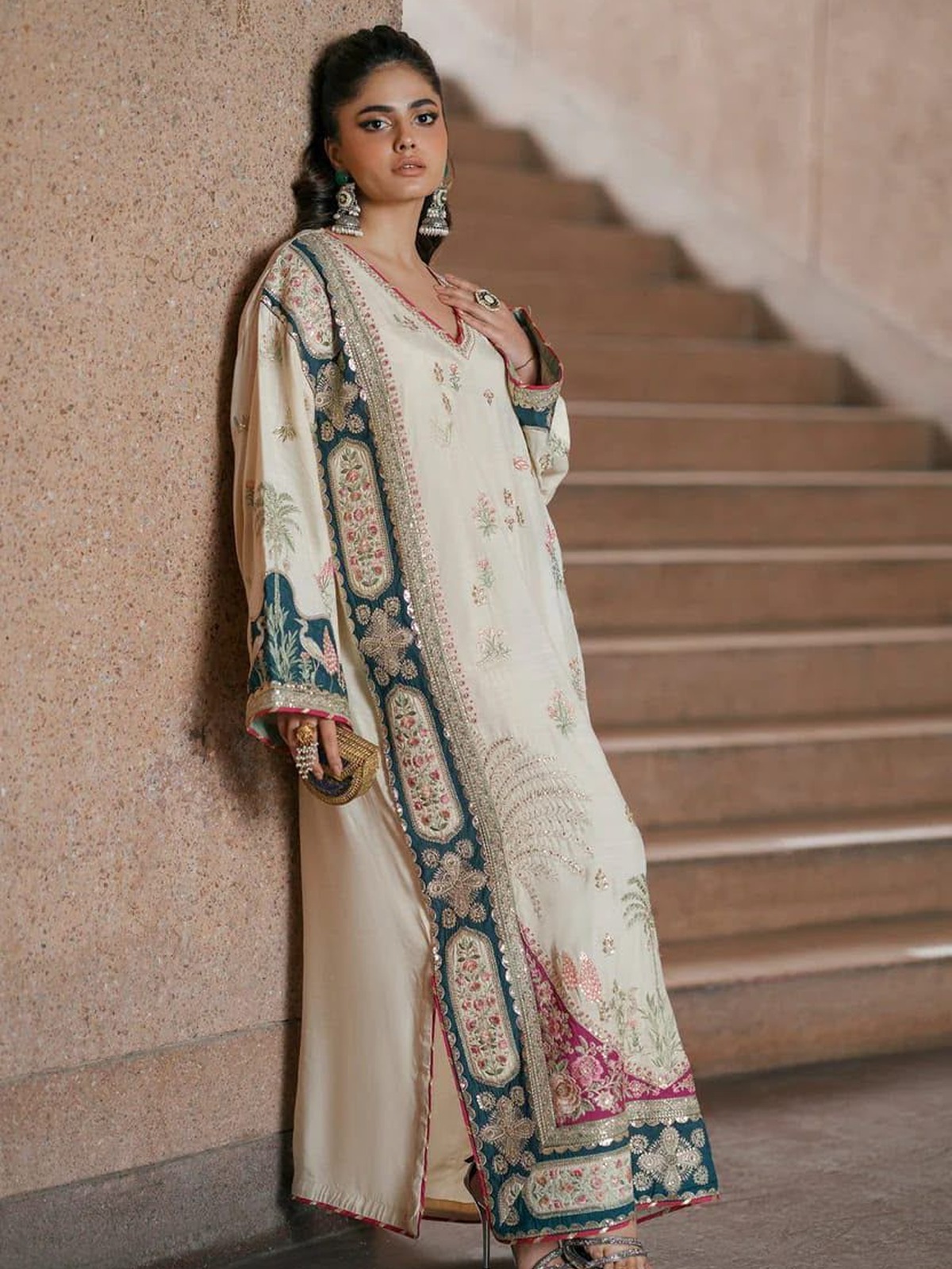 Ethnic Luxury Multi-Appliqué Embroidered Shamoz Silk Kaftan 3 Pc Suit image 2