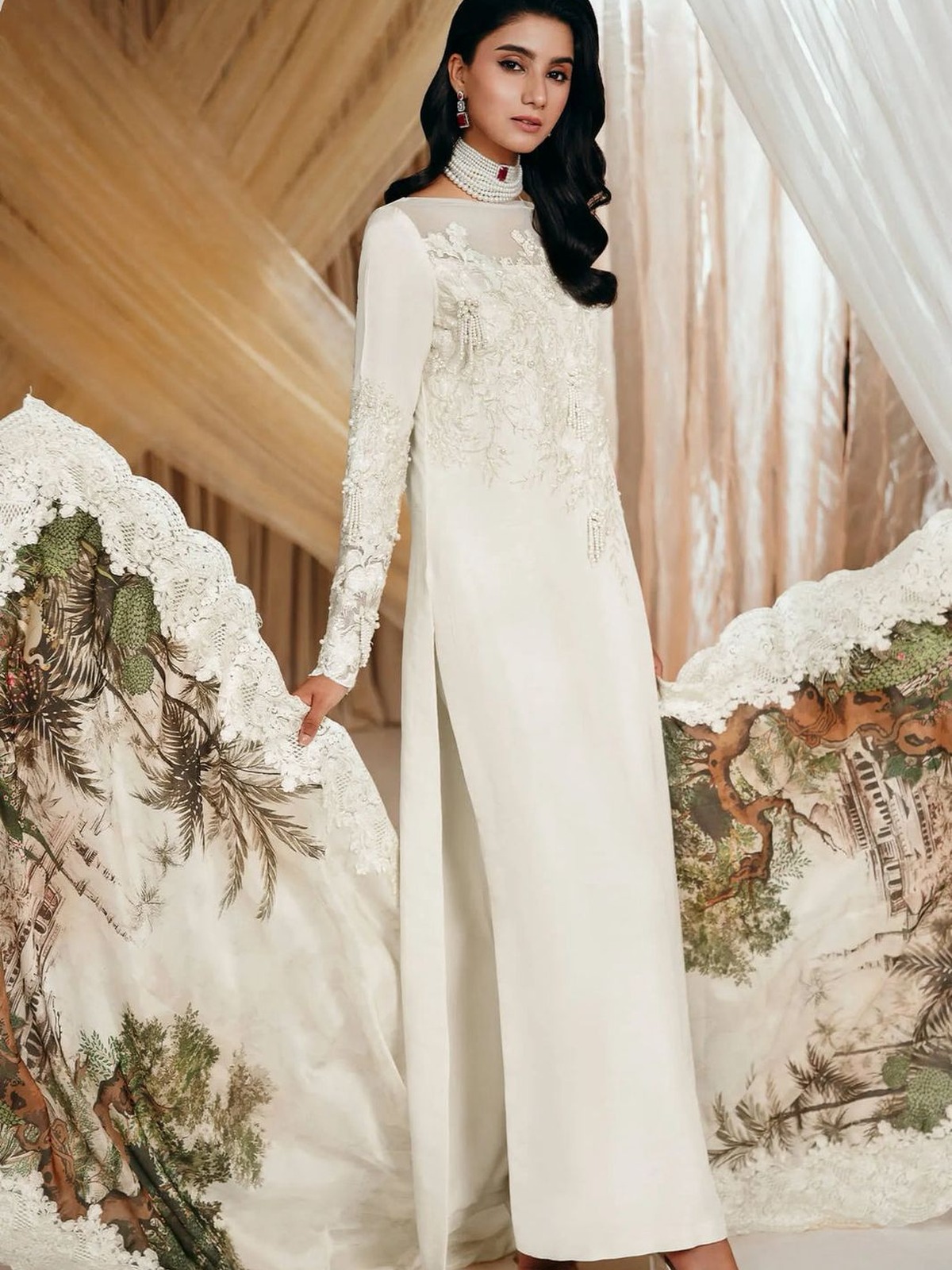 Musferah Saad Pearl Symphony Luxury Adda Work Charmuse Silk 3 Pc Suit image 2