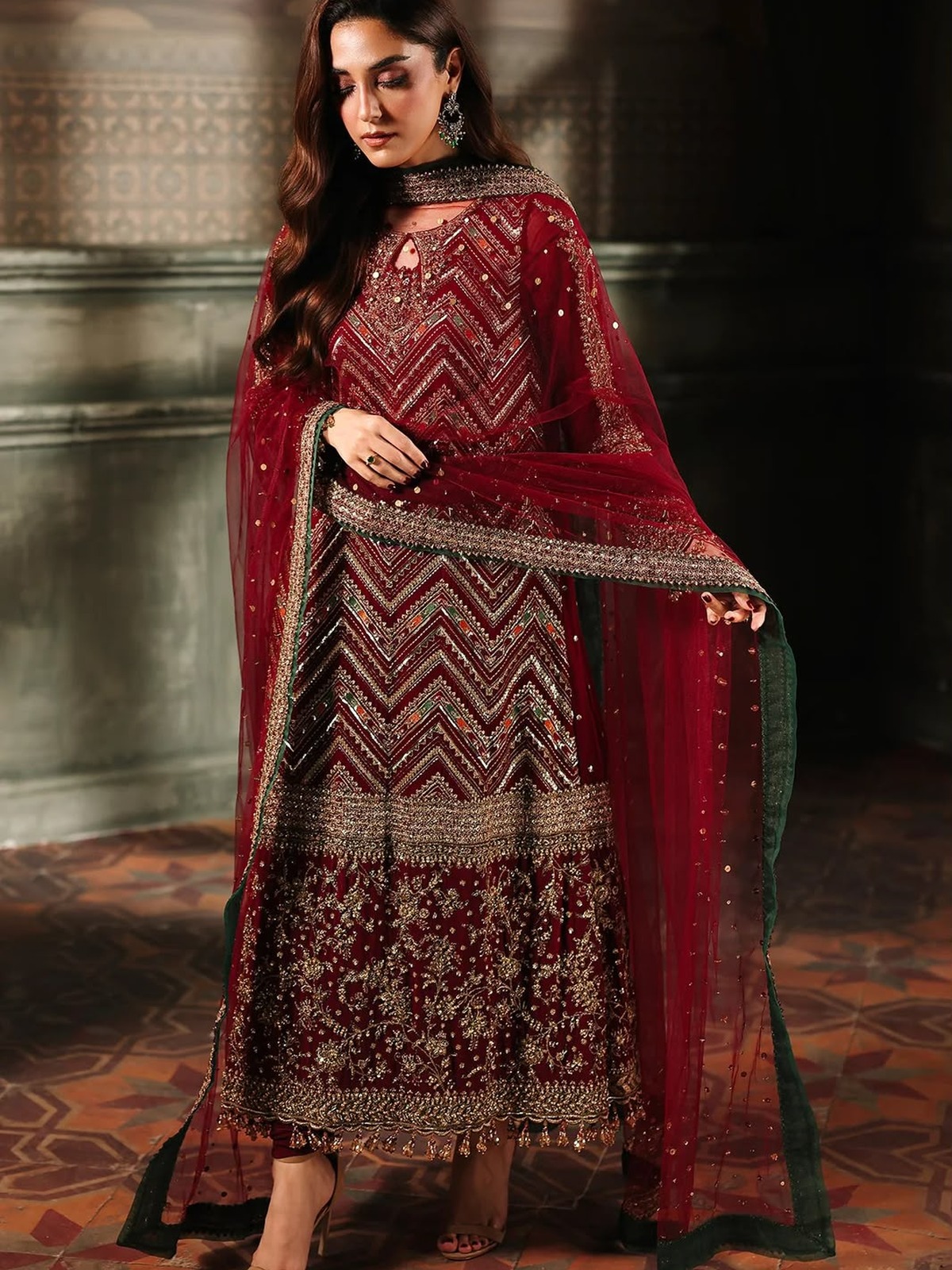 Heavy Embroidered Chiffon Long Shirt Festive 3 Pc Suit image 2