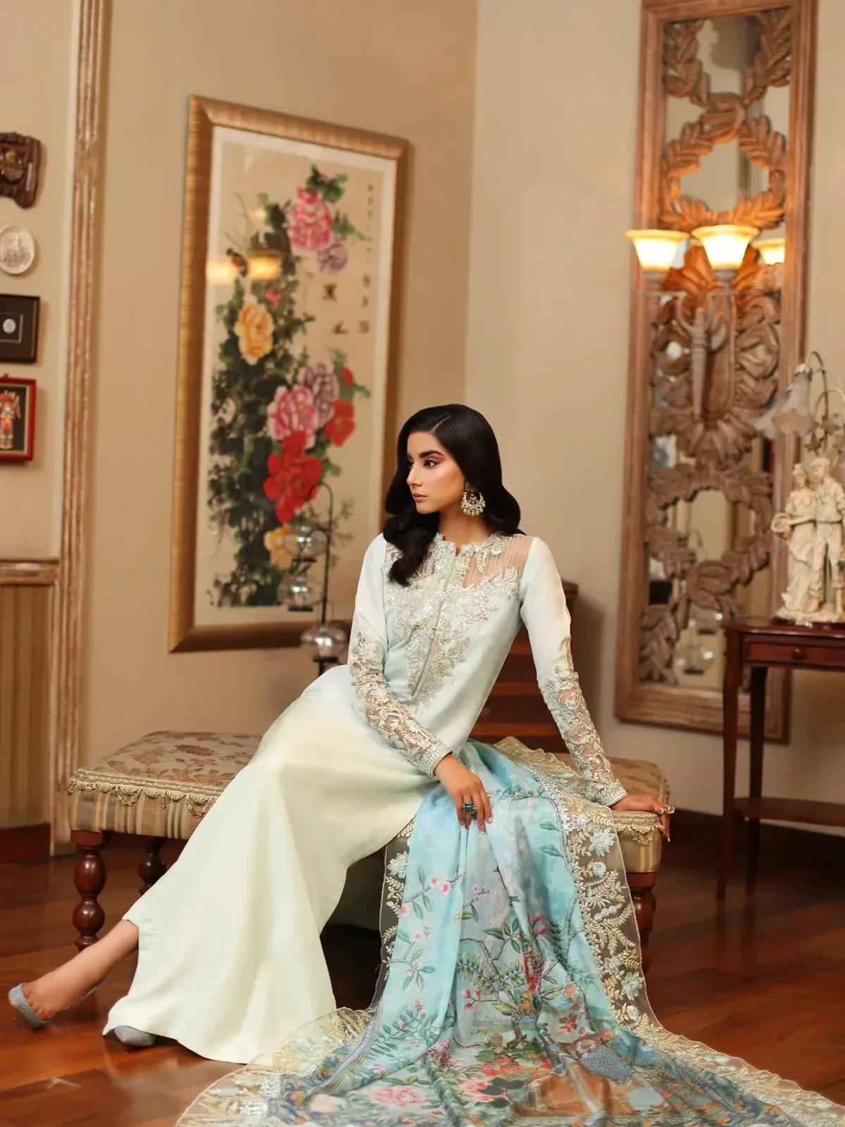 Azure Luxury Embroidered Adda Work Shamoz Silk 3 Pc Suit image 4