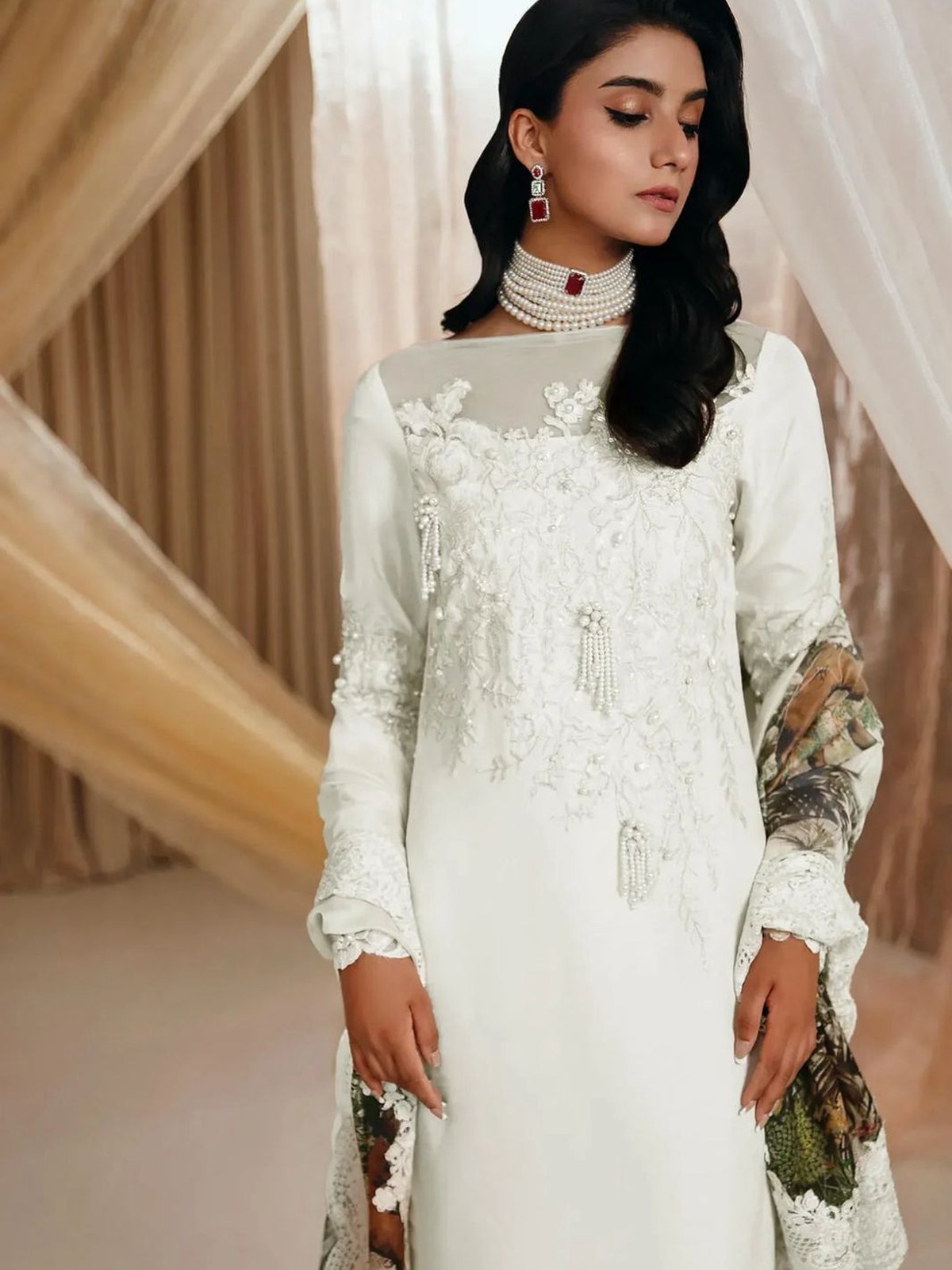 Musferah Saad Pearl Symphony Luxury Adda Work Charmuse Silk 3 Pc Suit image 3