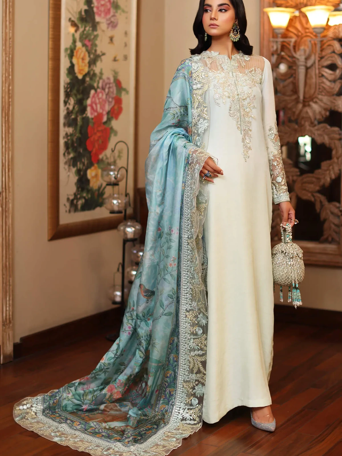 Azure Luxury Embroidered Adda Work Shamoz Silk 3 Pc Suit image 2