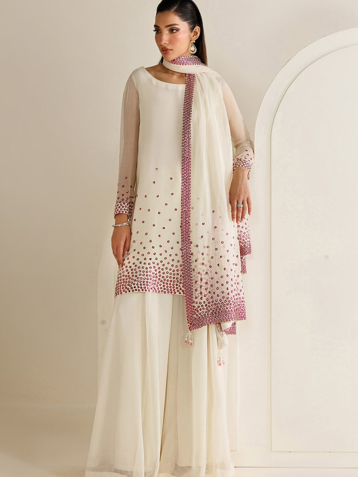 Jazmin Luxury Twill Sequence Embroidered Chiffon 3 Pc Suit (Chunri Trouser) image 2